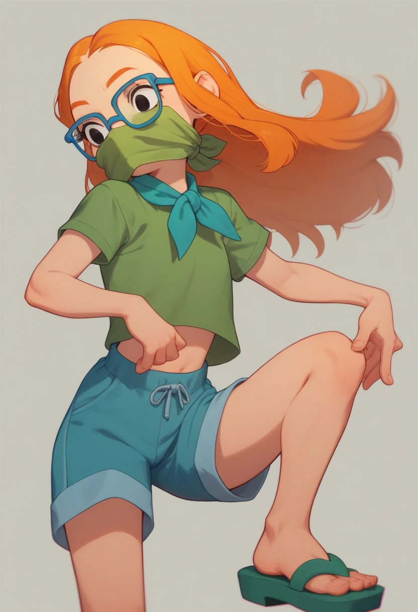 MertleEdmondsLSXL, MertleEdmonds, Mertle Edmonds, girl, , black eyes, orange hair, long hair, blue glasses, flat chest, green shirt, short sleeves, blue shorts, green sandals, light blue Mouthkerchief, light blue mouth kerchief, covered mouth with kerchief