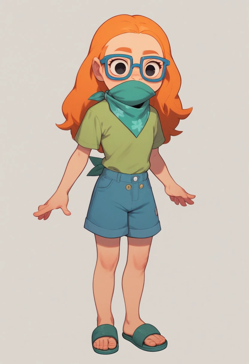 MertleEdmondsLSXL, MertleEdmonds, Mertle Edmonds, girl, , black eyes, orange hair, long hair, blue glasses, flat chest, green shirt, short sleeves, blue shorts, green sandals, light blue Mouthkerchief, light blue mouth kerchief, covered mouth with kerchief