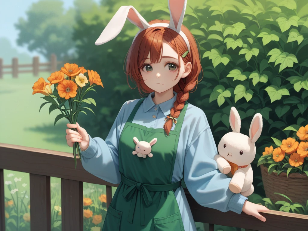 1girl, solo, braided hair, no bangs, auburn hair, 3/4 sleeves, jumper, hair clip, ribbon, holding, bunny ears, leaning against, closed mouth, content expression, green hair, daisy, embroidery, blue jumper, rabbit ears, apron, stuffed lamb, stuffed animal, orange flower, green apron, nosegay, holding flower, fence, stuffed lamb, holding stuffed toy, holding nosegay.
