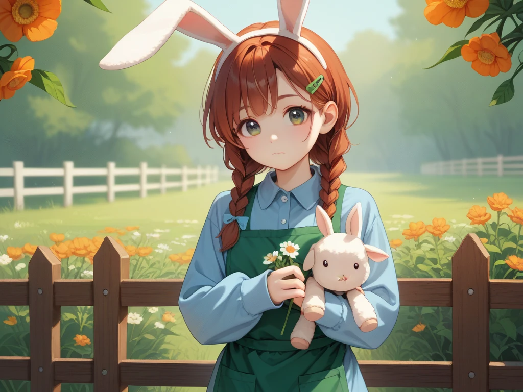 1girl, solo, braided hair, no bangs, auburn hair, 3/4 sleeves, jumper, hair clip, ribbon, holding, bunny ears, leaning against, closed mouth, content expression, green hair, daisy, embroidery, blue jumper, rabbit ears, apron, stuffed lamb, stuffed animal, orange flower, green apron, nosegay, holding flower, fence, stuffed lamb, holding stuffed toy, holding nosegay.
