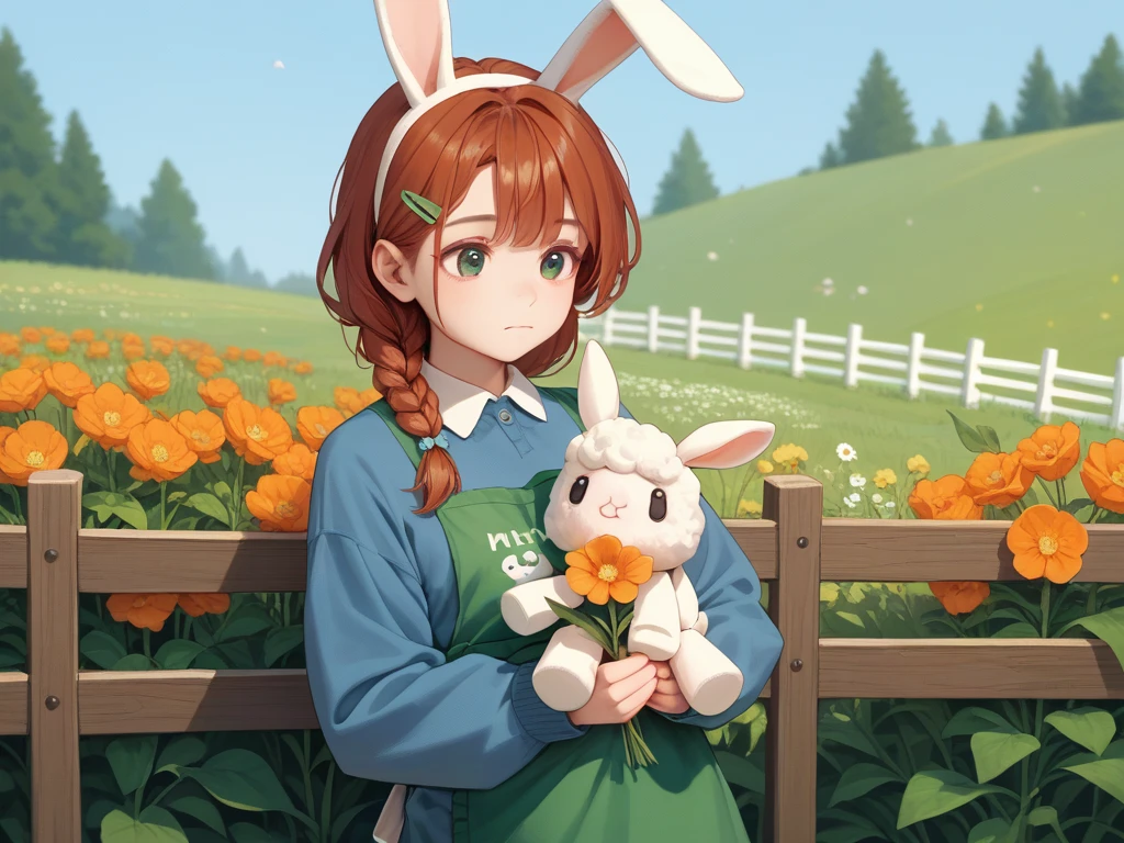 1girl, solo, braided hair, no bangs, auburn hair, 3/4 sleeves, jumper, hair clip, ribbon, holding, bunny ears, leaning against, closed mouth, content expression, green hair, daisy, embroidery, blue jumper, rabbit ears, apron, stuffed lamb, stuffed animal, orange flower, green apron, nosegay, holding flower, fence, stuffed lamb, holding stuffed toy, holding nosegay.
