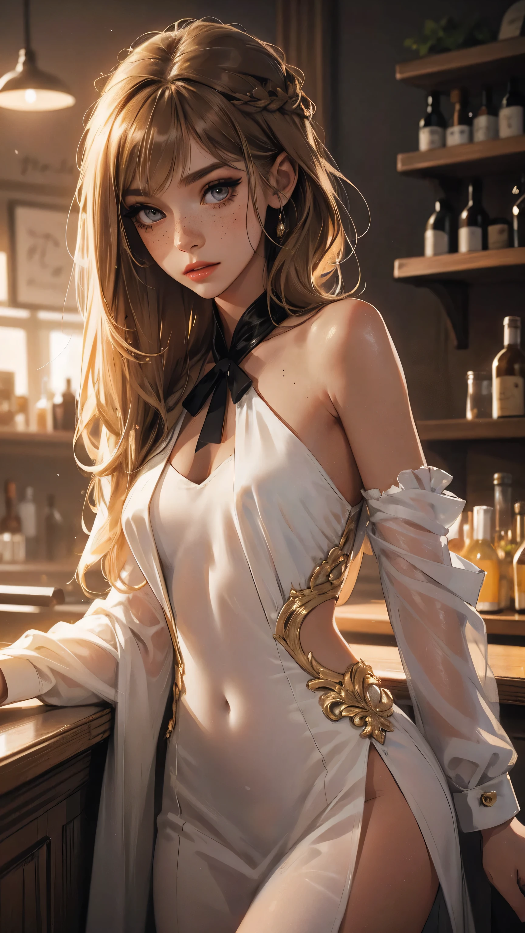 （lifelike， high - resolution：1.3）， 1 girl with a perfect body，slender body, Suprenme face and eyes， blaire ivory, lena anderson, (dark eyelashes, eyeliner), shoulder length  hair, freckles, golden brown  hair with dark roots, shoulder length hair, skinny, petite, saloon girl, saloon bartender, long torso, abdomen, sks woman
