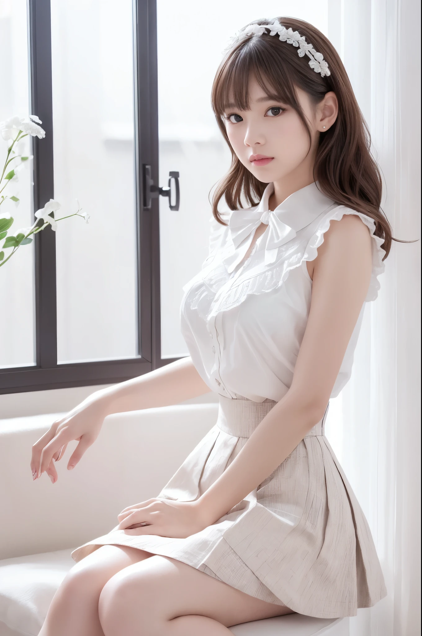 (indoor), (Window), (masterpiece), (最high quality), (Very detailedな), (Best Shadow), (photoRealistic:1.4), Frilled blouse, skirt, white ankle socks, high quality, masterpiece, Very detailedな, High resolution, 4K, 超High resolution, Detailed Shadows, Ultra-realistic, Dramatic lighting, One Girl, alone, Detailed face, Realistic eyes, Realistic Skin, Dynamic Hair, Dynamic pose, Dynamic Angle, White floral dress, White Background, Urzan-6500-v1.1, (RAW Photos:1.2), ( Realistic:1.4), Beautiful detailed girl, Very detailed eyes and face, Beautiful attention to detail, Ridiculous, incredibly Ridiculous, Large file size, Very detailedな, High resolution, Very detailed, 最high quality, (Bright interior), (Soft Light), (Low contrast), (Shallow depth of field), (portrait of a beautiful woman illuminated by gentle light), (Very delicate and elegant depiction), (Short bangs), (Hair color is dark chestnut with a slight brown tinge), (Hair with subtle and gentle waves), (Decorated with thin ribbons), ( White blouse with small frills), (bow tie), (青いロングskirt), (White short ankle socks), shape, Very detailed, CG, Unified, 8k wallpaper, wonderful, Finer details, 最high quality, Very detailed CG Unified 8k wallpaper, Face Light, Cinema Lighting,