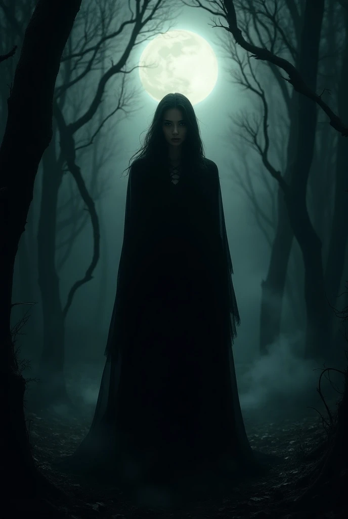 Midnight, female catholic priest, cleavage, Torn clothes, defeated, in a creepy black woods, an abandoned gothic church far behind her, at night, scary mood, cinematic dark light, deep night, ripped clothing, full body, alert , beware of danger, hd, ultra realistic, hyper detailed, Todd McFarlane