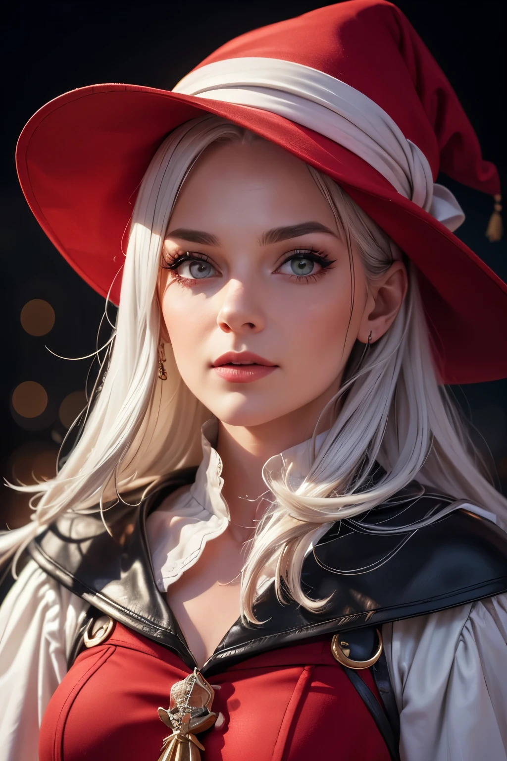 A 30 year old witch with long grey hair, wearing a red and white hat, a black boots, a red skirt and white pantyhose, standing in a winter background, holding a trolley, detailed face, beautiful detailed eyes, beautiful detailed lips, extremely detailed eyes and face, long eyelashes, (best quality,4k,8k,highres,masterpiece:1.2),ultra-detailed,(realistic,photorealistic,photo-realistic:1.37),HDR,UHD,studio lighting,ultra-fine painting,sharp focus,physically-based rendering,extreme detail description,professional,vivid colors,bokeh,fantasy,portrait