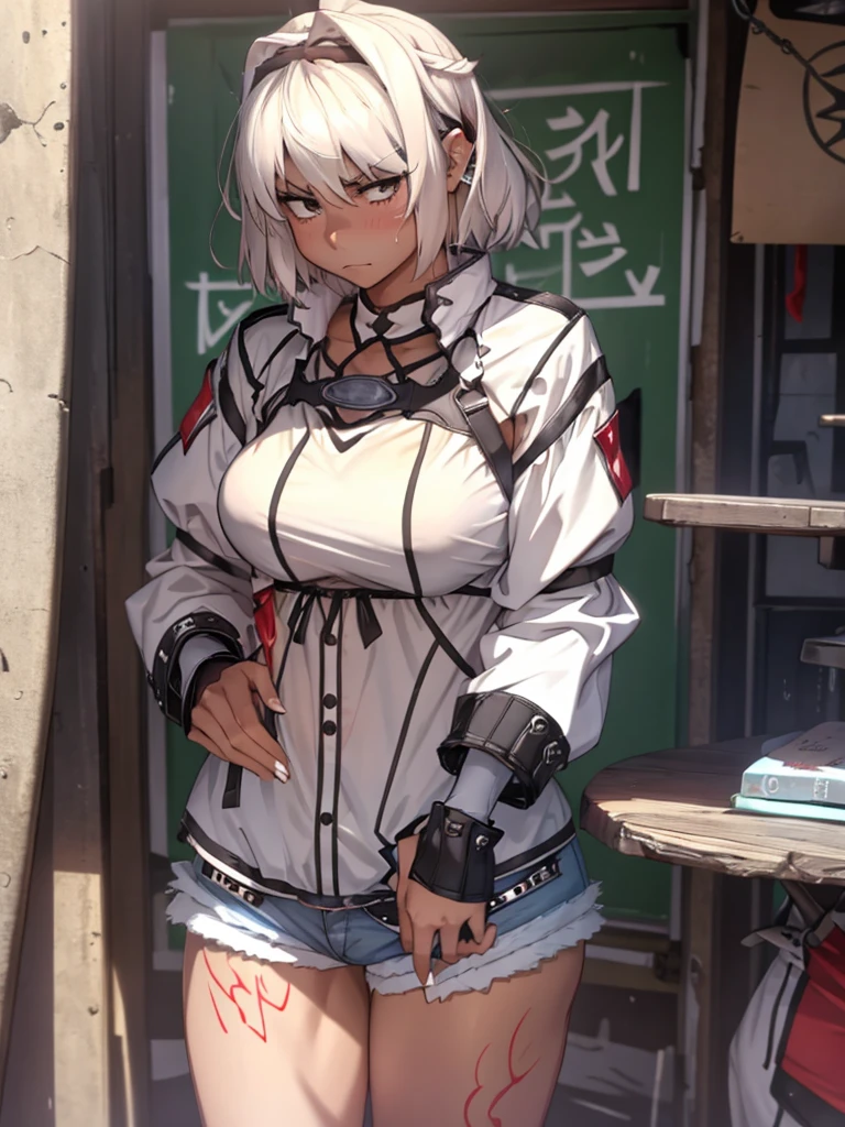 (​masterpiece, top-quality, hight resolution, Unity 8k, extremely details CG:1, Best Picture), (upper body, embarrassed, blush), blouse, shorts, jacket, korotsuke style, A prostitute invites a woman to walk through a gay brothel. 'Hey, hey sister. I'm easy to fuck, even if it's your first time. I want you to fuck me, sis.’