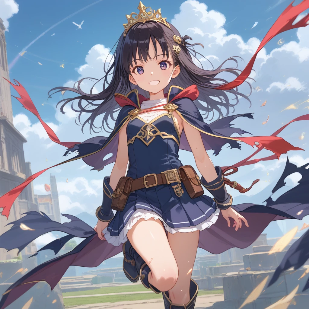 score_9, score_8_up, score_7_up, masterpiece, High resolution, source_anime, break, a young girl in center, little torn junior high school student,  fantasy game, armored fighter, Black Hair, half updo, feather shaped tiara on head, tiara have wing shaped ornament, small breast, small hips, break, random view, break, dynamic pose, break, smile, break, skin is shiny sweating skin, break, little torn groves, little torn light armor, large ribbon tie on neck,  waist thin dress belt and pouch, break, little torn pleated skirt with lace trim, little torn white knee high tights, little torn long boots, little torn cloak, break, Mist rises from the valley, break