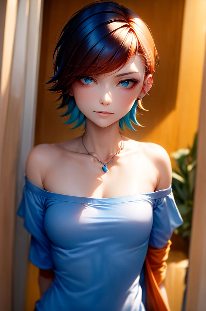 gwen_tennyson, short orange hair, cropped short and accented with a small blue hair clip. Bright green eyes. She wore a loose blue long-sleeved t-shirt, tucked into one shoulder to reveal a seductive neckline,