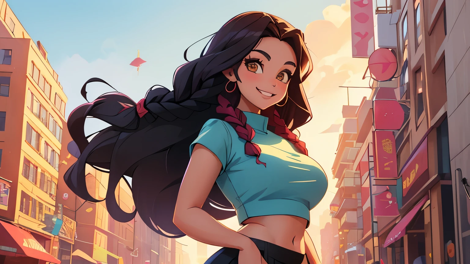 anime, 28 year old woman, mischievous smile, long hair, dark hair color, stylish hairstyle, side hair long lush hair, long curls of hair pulled to the sides, Braids within the hair, curvy body, proportional body, hands with correct anatomy, sexy girl, beautiful mature girl, lovable character, crop top, short skirt, clarity, detailed, detailed face, very detailed drawing, smile, flirty look, city background, saturated background, perfect composition, soft natural volumetric cinematic perfect light, masterpiece