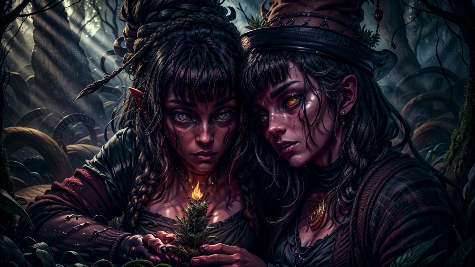 A witch harvesting cannabis, detailed occult ritual, intricate magical symbols, dark moody lighting, lush overgrown forest, gnarled ancient trees, mystical atmosphere, (best quality,4k,8k,highres,masterpiece:1.2),ultra-detailed,(realistic,photorealistic,photo-realistic:1.37),dark fantasy,chiaroscuro lighting,deep saturated colors,dramatic lighting,cinematic composition