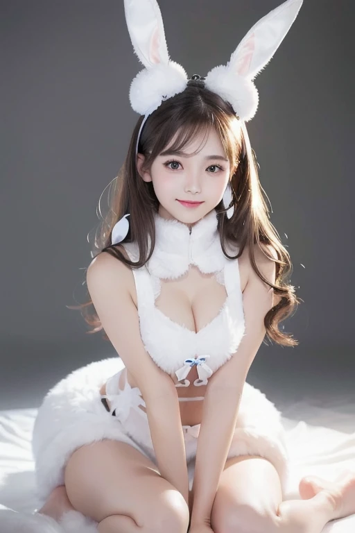 a fine details, high resolution,high quality,bunny costume,smile,beautiful girl,Perfect dynamic pose, Beautiful and delicate eyes,natural color lips,Kamimei、twinkle eyes,highlight inside eyes、20 year old girl、1 person、clear skin、glowing hair, best quality, illustration, Super detailed, fine details, high resolution, 8K、The correct state of the human body、Random pose、、Sculpt model pose