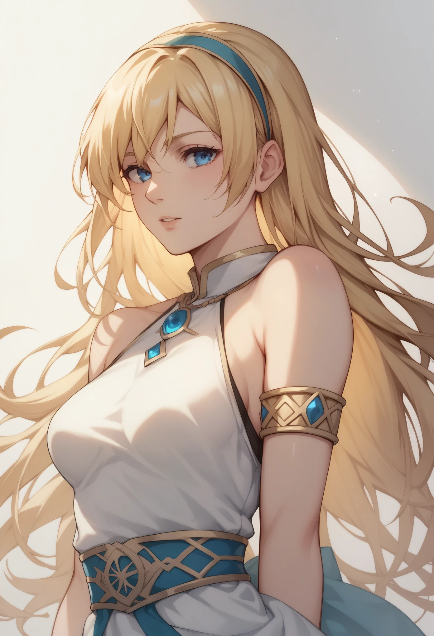 score_9, score_8_up, score_7_up, BREAK source_anime, ymir fritz, blue eyes, blonde hair, long hair, medium breasts, armlet, bare shoulders, hairband, long white tunic,