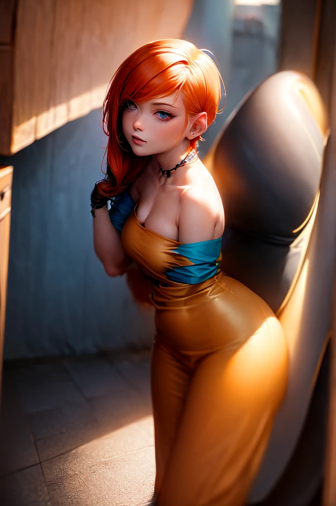 (masterpiece), (anime art about Women), (adult), (best quality), (exquisite detail), (art style), (high quality), (8k), (very detailed), (ultra high resolution), (ultra high composition and lighting), ,gwen_tennyson, short orange hair, cropped short and accented with a small blue hair clip. Bright green eyes. She wore a loose blue long-sleeved T-shirt, tucked into one shoulder to reveal a seductive neckline,