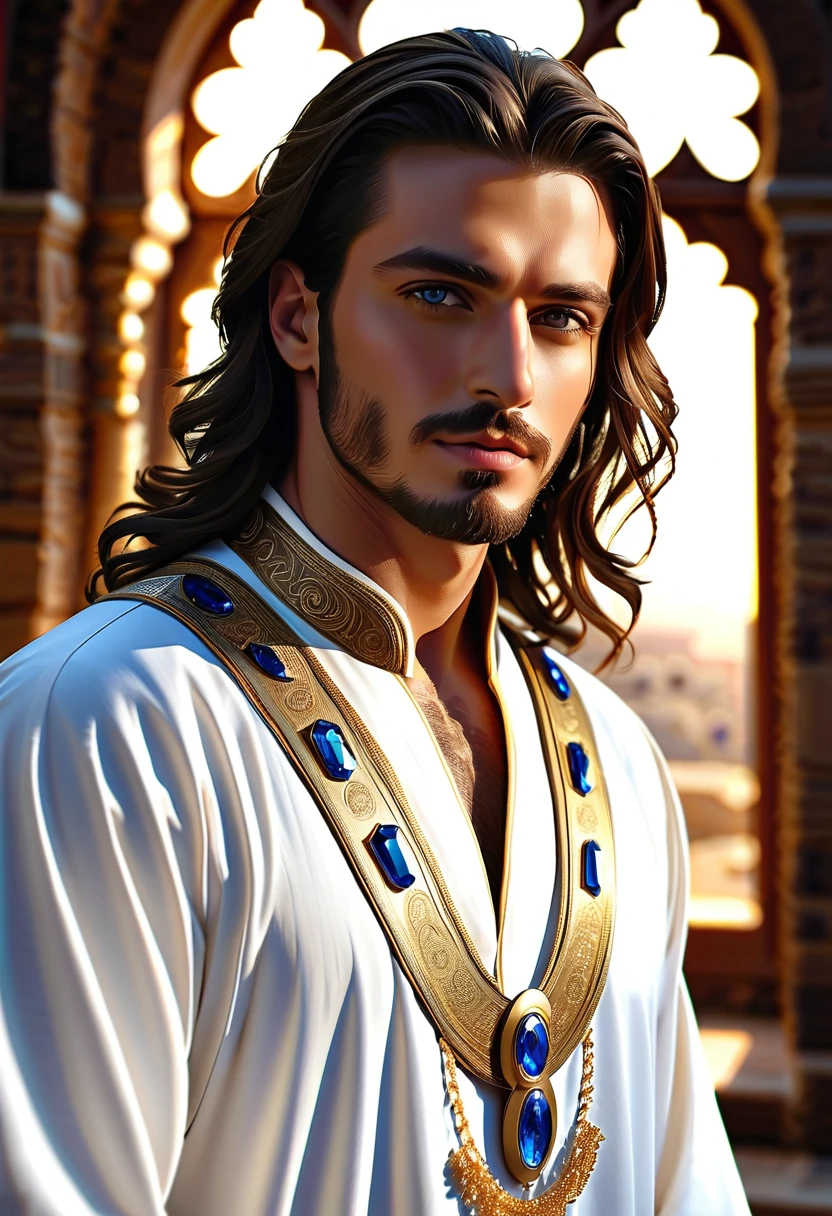 ( better quality,4K,8 k, high definition,masterpiece:1.2), ultra-detailed ,( Realistic ,photo Realistic ,photo- Realistic :1.37), beautiful Turkish  (((( man))) (25 years old) ,  blue eyes,  moderately pumped  , In the Turkish sultan  ((( white caftan, long straight hair embroidered with gold threads ))) , gold embroidered belt with blue jewels  ,with a sword in his hands, ((black))  is pulled behind your back in a beautiful Turkish castle, ,  cinematic lighting ,  dramatic camera angles , ( better quality,4K,8 k, high definition,masterpiece:1.2), ultra-detailed ,( Realistic ,photo Realistic ,photo- Realistic :1.37), detailed eyes, beautiful lips,  In detail,  extremely detailed eyes and face,  long lashes ,  dramatic lighting ,  cinematic composition,  dynamic pose , stunning colors,  digital painting,