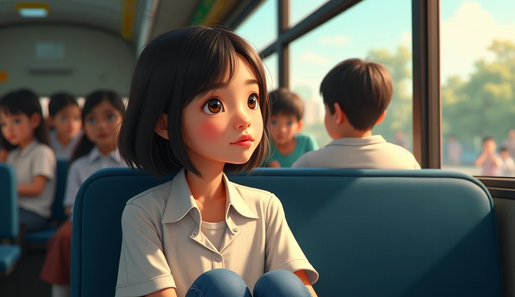 A teenage girl on a bus looking at a boy through the bus window