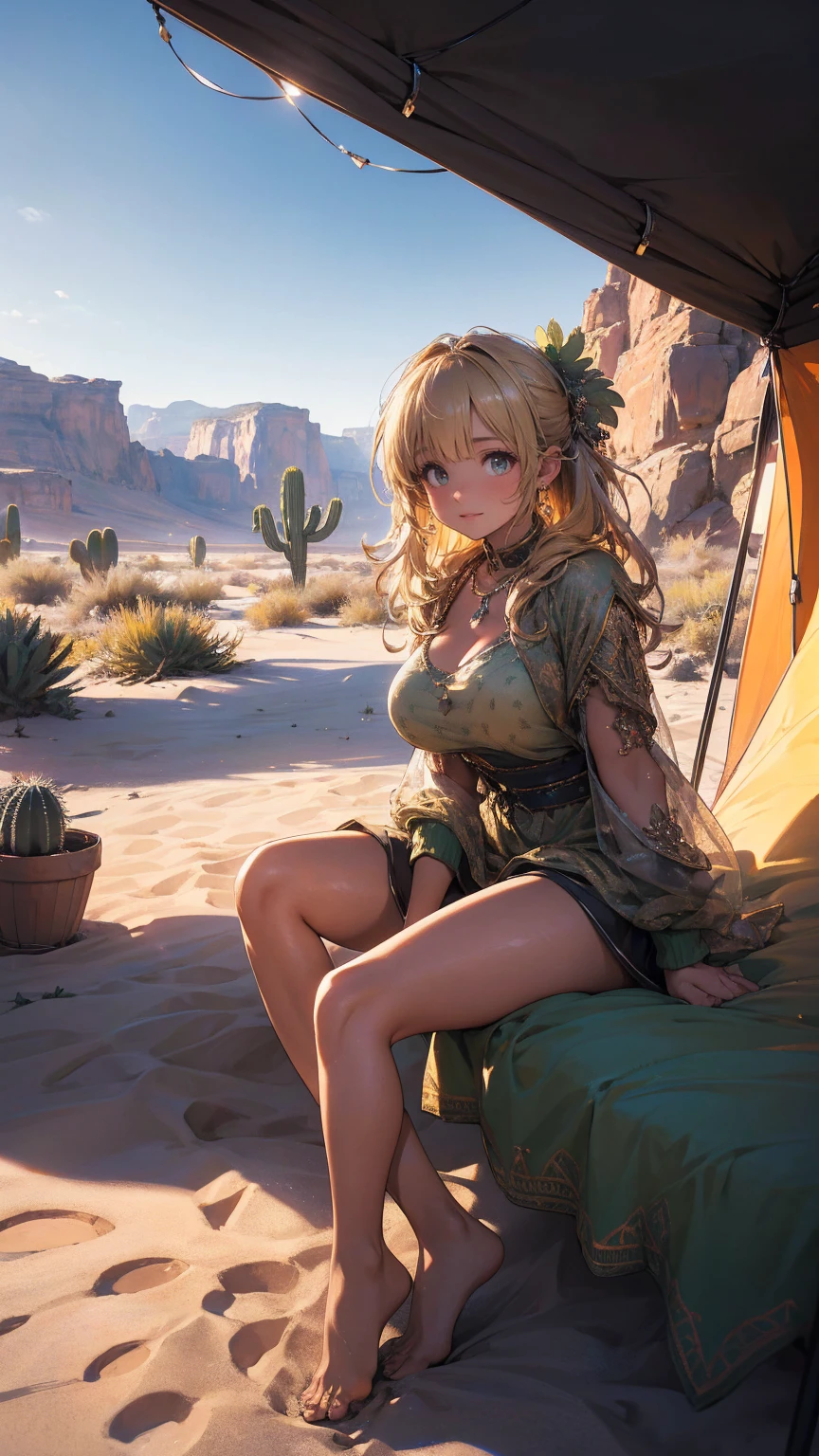 a tent in the desert with cacti, detailed desert landscape, detailed cacti, warm lighting, gigantic-breasts-cute-1girl-sitting-in-tent, golden hour lighting, detailed textures, (best quality,4k,8k,highres,masterpiece:1.2),ultra-detailed,(realistic,photorealistic,photo-realistic:1.37), HDR, UHD, studio lighting, ultra-fine painting, sharp focus, physically-based rendering, extreme detail description, professional, vivid colors, bokeh, desert photography