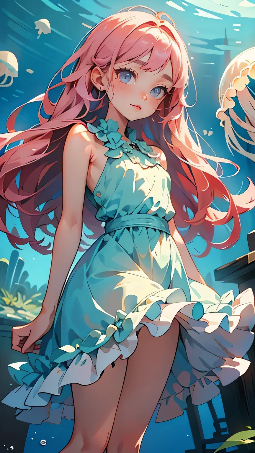 cute girl、Yeah, flat chest,Cute,(Jellyfish Girl:1.2), turn your arms around your back, underwater,Frill dress,
