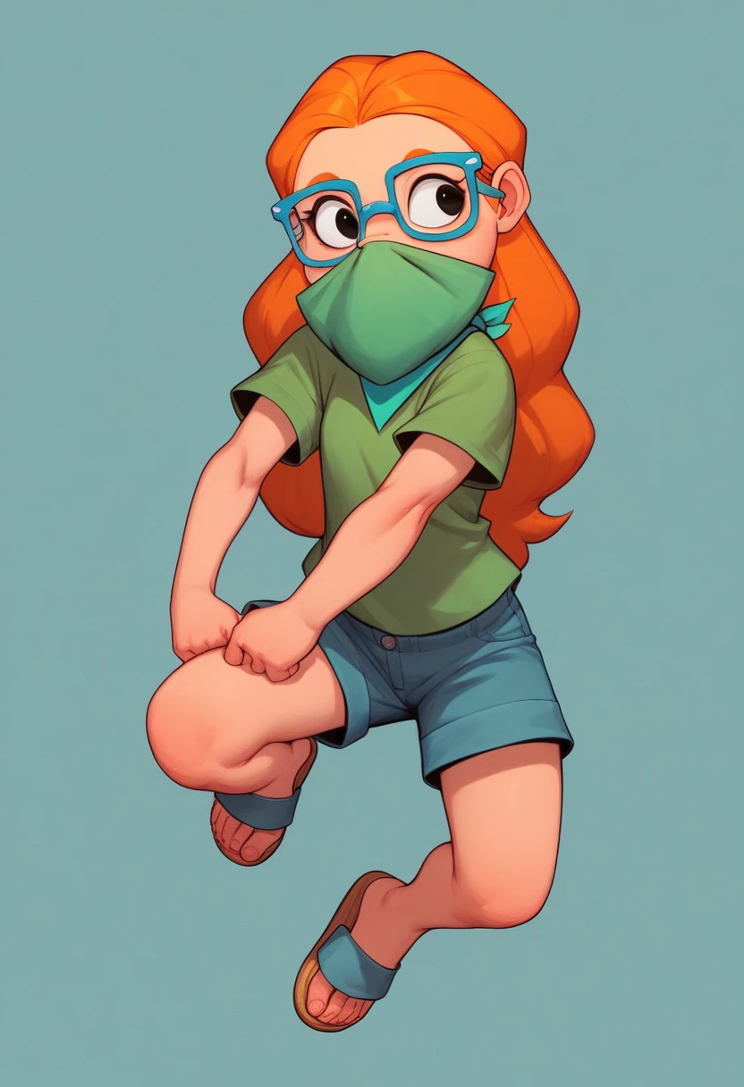 MertleEdmondsLSXL, MertleEdmonds, Mertle Edmonds, Mertle_Edmonds, Mertle-Edmonds, , girl, human, black eyes, orange hair, long hair, blue glasses, flat chest, green shirt, short sleeves, blue shorts, green sandals, light blue Mouthkerchief, light blue mouth kerchief, covered mouth with kerchief