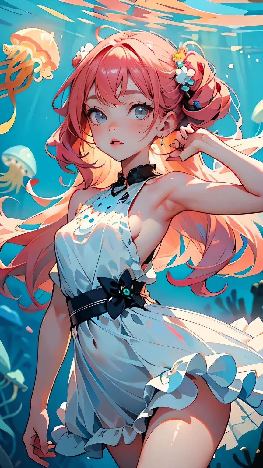 beautiful anime girl in black swimsuit, bright pastel colors, (colorful), Magic lights, sparkling liquid lights, colorful wavy hair, inspired Written by Glen Keene, inspired Written by Lois Van Baarle, disney art style, Written by Lois Van Baarle, black high leg swimsuitを着ている彼女の周りには輝くオーラがある, Written by Glen Keene, Just Bartel, incandescent lamp! digital painting, flowing shining hair, shining flowing hair, black high leg swimsuit、full body portrait、beautiful digital illustrations, fantasy background, Whimsical, Magic, fantasy, beautiful face, small breasts、 body shape((masterpiece, highest quality)), intricate details, very detailed, sharp focus, 8K resolution, sparkling small eyes, liquid watercolor