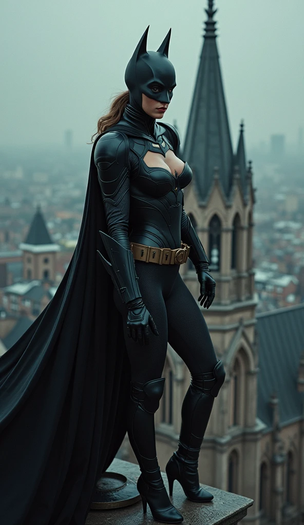 ((nsfw)), ((best quality)), ((masterpiece)), (detailed), batgirl in a very skimpy bat suite, bat mask, skimpy pants, (naked breast showing), (topless), stomach muscle showing, very athletic body, thigh length boots, cape blowing in the wind on top of a building over looking Gotham city, midnight, moon in the sky.