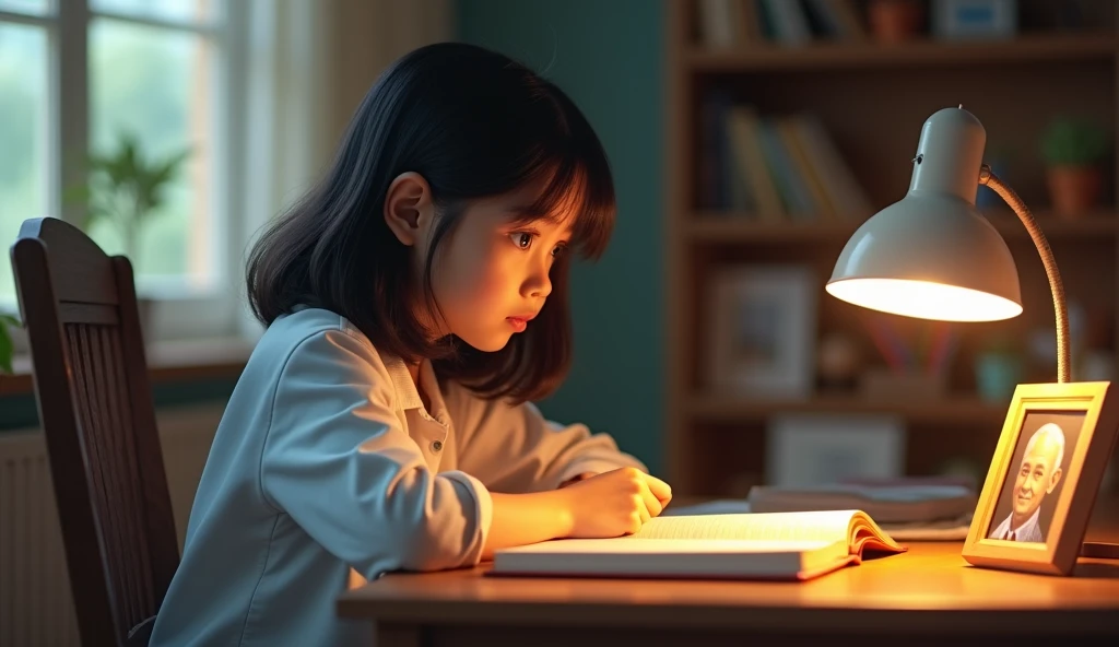 A little girl doing her homework，Fingers are natural，holding a pen，Painting，to contrast，Creamy texture