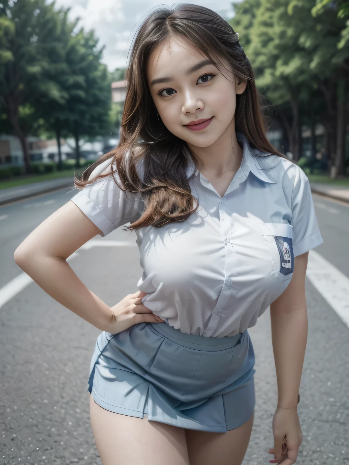 1girl, solo, (uniform), standing, outdoors, (ultra wide angle shot: 1.4), beautiful scenery, detailed face, seductive smile, detailed eyes, thick breasts, smooth skin, tight white shirt, grey blue short skirt, looking at the audience, low angle shot,(8k, RAW photo, best quality, masterpiece: 1.2), (realistic, realistic: 1.37), ultra-high resolution