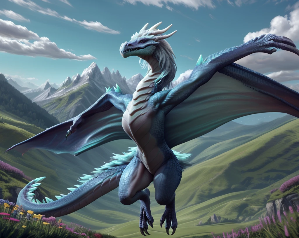 an extremely talented impressionist painting of mature AurothDOTA wyvern flying in air, summer, green grass, green hilly valley, flowers bloom, mountains in distance, masterpiece, best quality, ultra-high-detailed, feral, female, anthro, detailed scales, slim body, athletic, curvy, light blue mane, uploaded on e621, nsfw, questionable content, scalie, wings, wyvern, focus on face, smiling seductively, 1girl, solo, bare arms, wet, thighs, arms at sides, bare arms, thick thighs, wide hips, featureless breasts