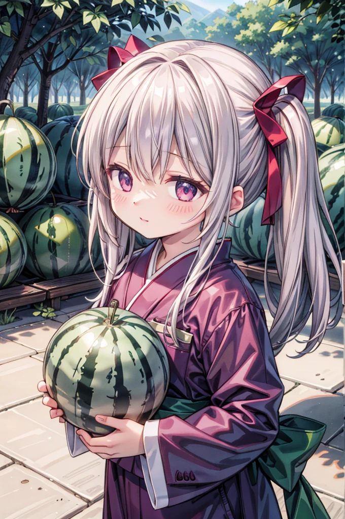 (masterpiece, ultra-detailed, best quality, clear focus, dramatic scene), shadow, (ultra-high resolution, 8k), perfect anatomy, perfect face, (detailed face, detailed eye, solo), 1 cute Japanese girl, very beautiful and cute face, dynamic angle, She is wearing a cute coveralls, She is standing in a watermelon field holding a harvested watermelon, She is holding the large watermelon heavily