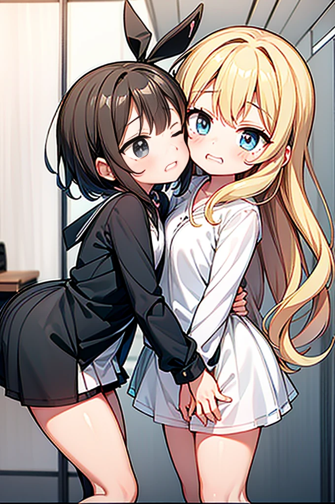 Two teenage girls ，Equal height ，In the classroom，Black and blonde hair， hug each other，  The two bodies are close，{{kissu