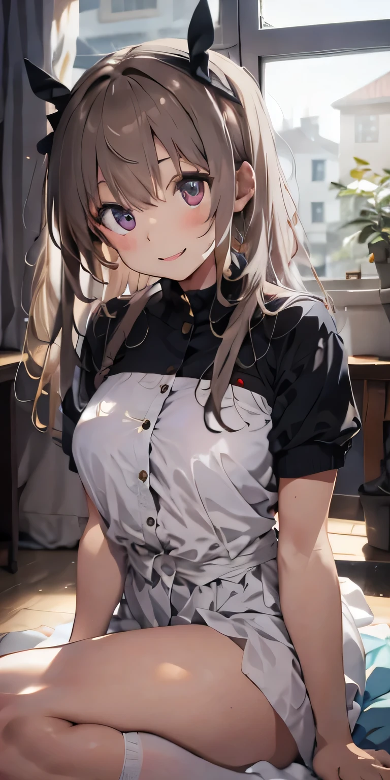 top-quality、Full limbs、complete fingers、Slender beauty、Women with straight hair、、Women with medium hair、(Beautiful busty woman:1.3)、Black High Socks、Naughty Poses、in room、A big smile、bending forward, nude