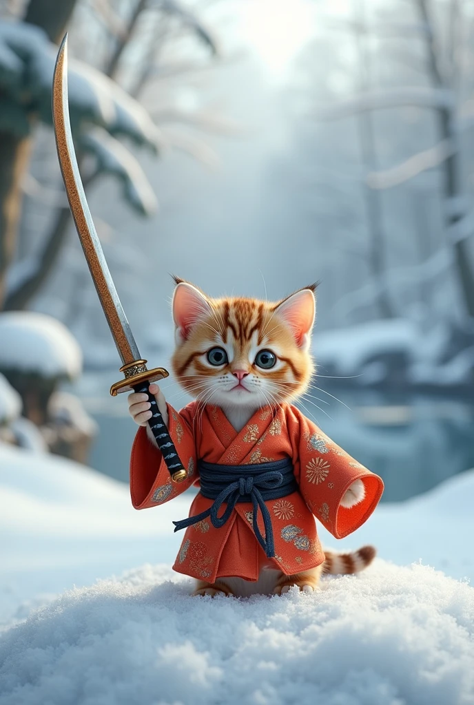 The cutest brown tiger pattern kitten in the world wearing a kimono that holds a Japanese sword that is double its own and lifts it straight above、((Realistic:1.3))、Winter Wilderness 、A powerful composition