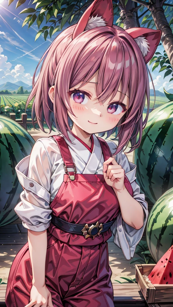 (masterpiece, ultra-detailed, best quality, clear focus, dramatic scene), shadow, (ultra-high resolution, 8k), perfect anatomy, perfect face, (detailed face, detailed eye, solo), 1 cute Japanese girl, very beautiful and cute face, dynamic angle, She is wearing a cute coveralls, She is standing in a watermelon field holding a harvested watermelon, She is holding the large watermelon heavily, smile 