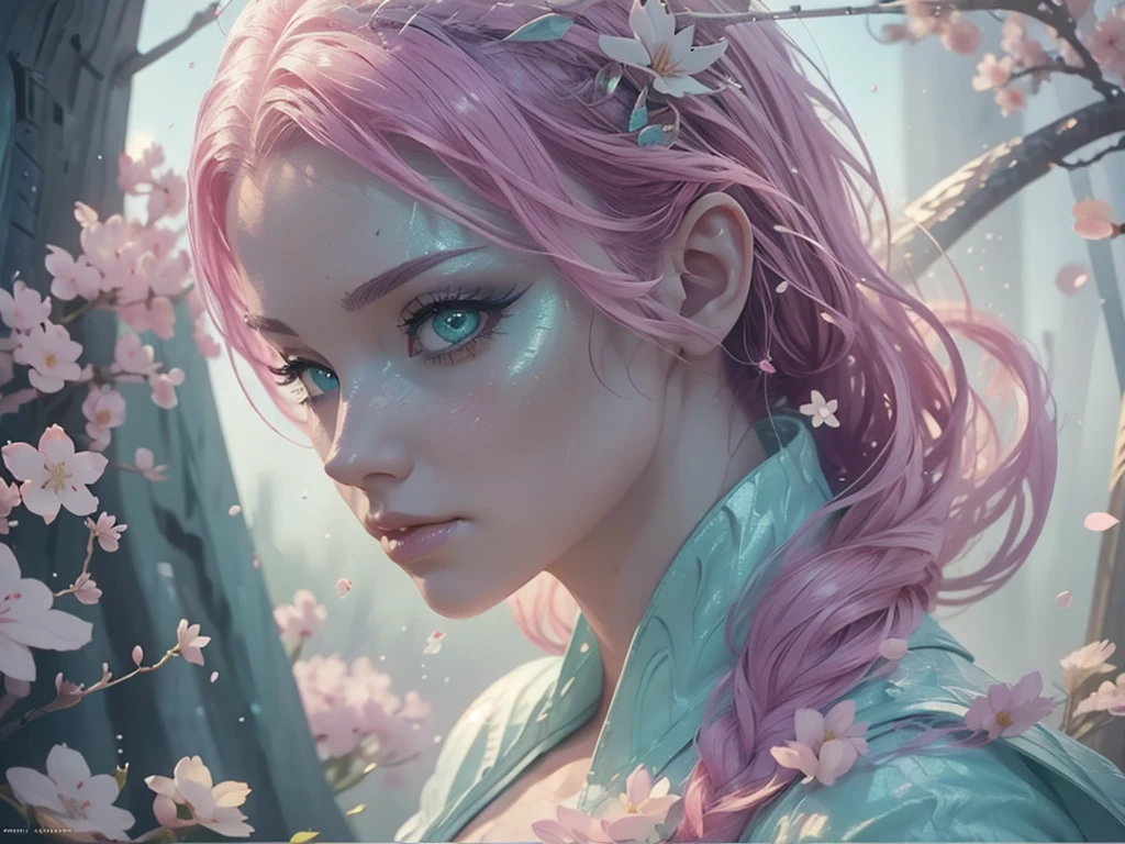 a woman with pink hair and green eyes looking at a giant white dragon with pearlescent glow and green eyes, surrounded by cherry blossom flowers, detailed face, detailed eyes, detailed lips, beautiful woman, beautiful detailed eyes, beautiful detailed lips, extremely detailed eyes and face, long eyelashes, fantasy, digital art, concept art, cinematic lighting, ultra-detailed, 8k, photorealistic, vibrant colors, dramatic lighting, ethereal, magical