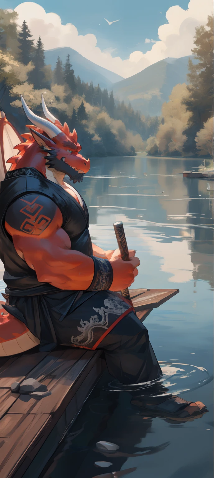 anthro, Male, alter,  thick dragon , ( red dragon ), ( detailed eyes ),  detailed clothing , big fat .  overweight , weißer bart, samurai clothing, lake background , Winding,  sitting meditation on water (wild_just_bart), (mustache),  POV side view ,, ( wide dynamic view )