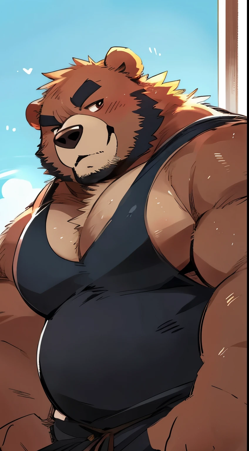 score_9, score_8_up, score_7_up,score_6_up,score_5_up,score_4_up,upper body shot,sharp focus,anthro male brown bear,huge body,(beefy),(big fellow),tall,wide shoulder width,(medium belly:1.2),(dark brown beard),Dark brown eyebrows,large tank top,long pants,very short red mane,sitting,large thigh,(dynamic pose)