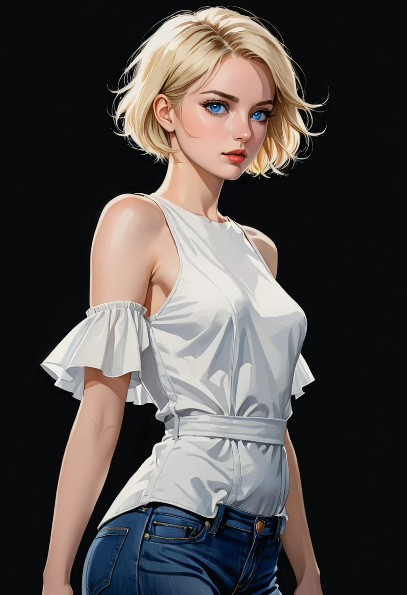 Masterpiece, ultra detailed, portrait, solo, 1girl, ohwx woman, white skin, short hair, blond hair, gorgeous, blue eyes, wearing white dress, jeans, art by Enki Bilal, watercolor, DeviantArt, high resolution, worry, look behind her shoulder, black background, simple background, talking 