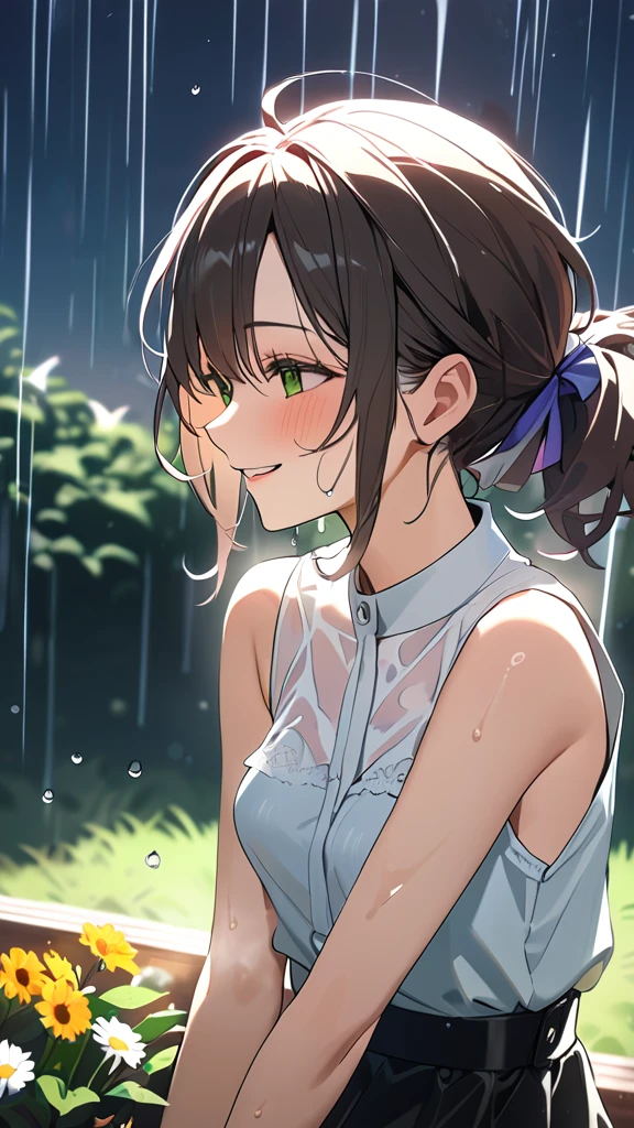 beautiful girl、、Off the shoulder、White T-shirt、Wet、See-through、slouch、Chest、Flat Chest、garden、smile、Spraying water with a hose