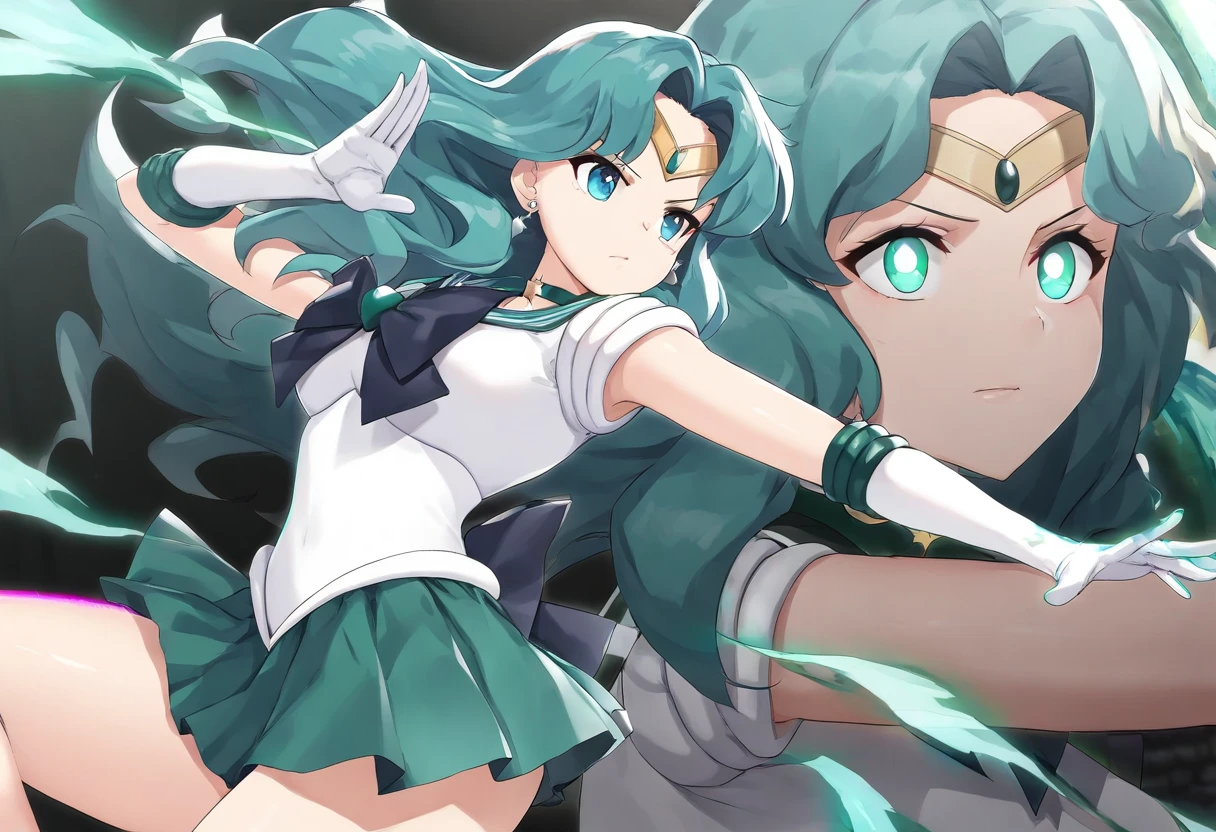 (best quality,4k,8k,highres,masterpiece:1.2),ultra-detailed,anime,sailor neptune character,sailor moon style,motion set,long turquoise hair,teal eyes,detailed facial features,sailor uniform,standing pose,dynamic action,colorful glowing effects,vibrant colors,dramatic lighting,cinematic composition