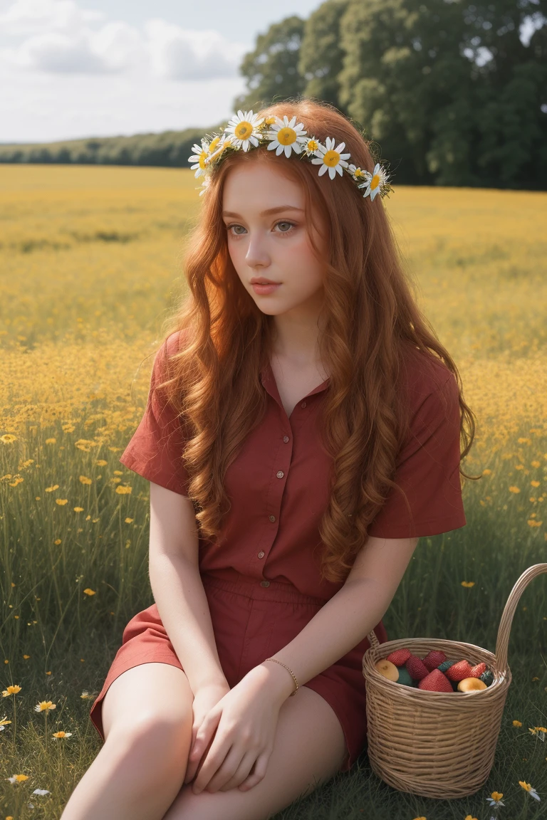 a DETAILED photograph portraying an auburn-haired woman looking like Analuk11 having freckles, and athletic arms, and perfect feet wearing a flower wreath on all fours amidst a sunny park scene, by emily soto.