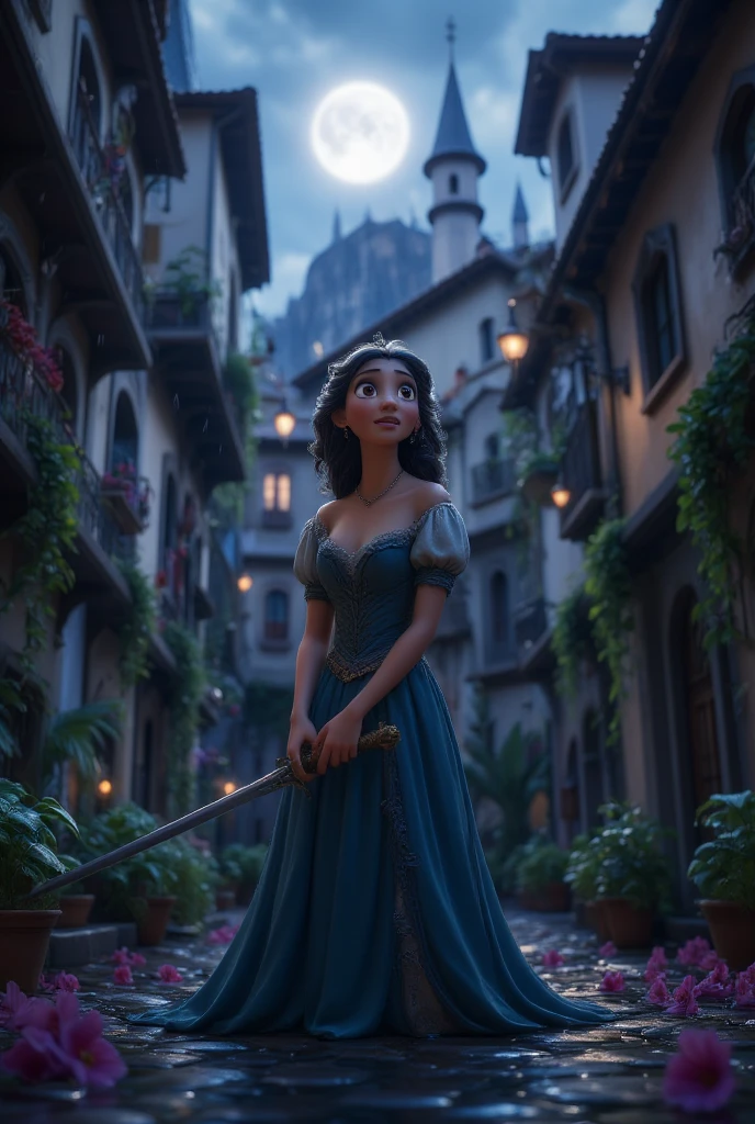 A princess with sword in rain feeling sad in a dark rainy light as moon shines upon her giving her a rim light effect ,made by Heraldo Ortega,cinematic,detailed,beautiful,art,8k,upscaled,4k.