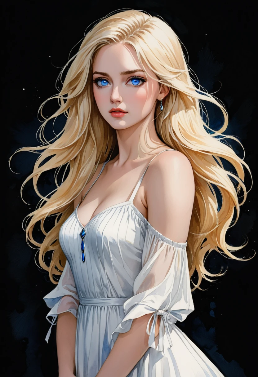 Masterpiece, ultra detailed, portrait, solo, 1girl, ohwx woman, white skin, long hair, blond hair, gorgeous, blue eyes, wearing white dress, art by Enki Bilal, watercolor, DeviantArt, high resolution, worry, look behind her shoulder, black background, simple background, talking 