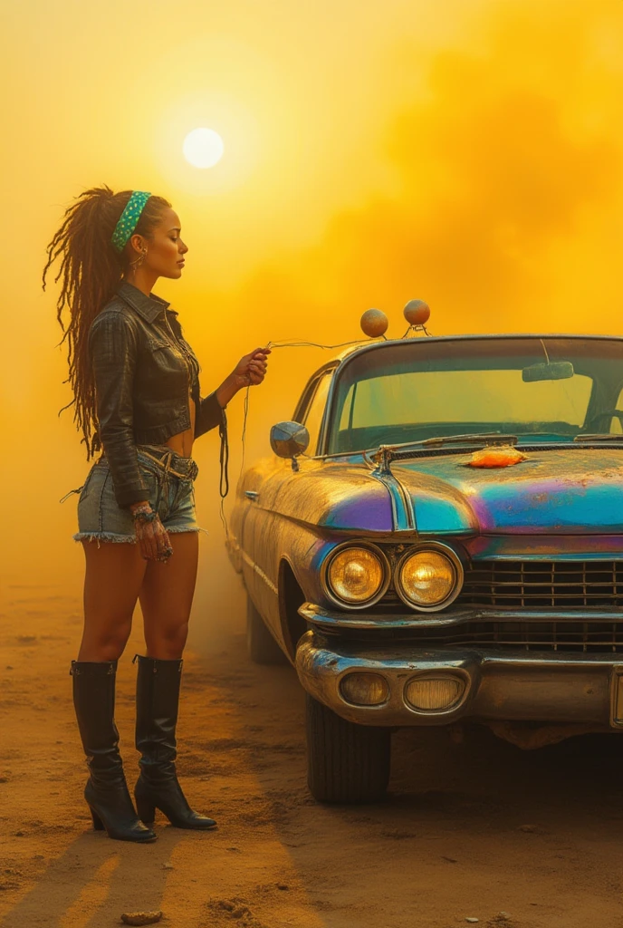 A high quality 16k imax film photo in a Californian desert wrapped by yellow fog a beautiful woman with long dread tied with a green and blue polka dot bandana. Tight and short jacket in shiny leather, geanse shorts and high boots in black leather under a scorching sun cooks two fried eggs over the long hood of an old iridescent blue and purple Cadillac drown in sand 