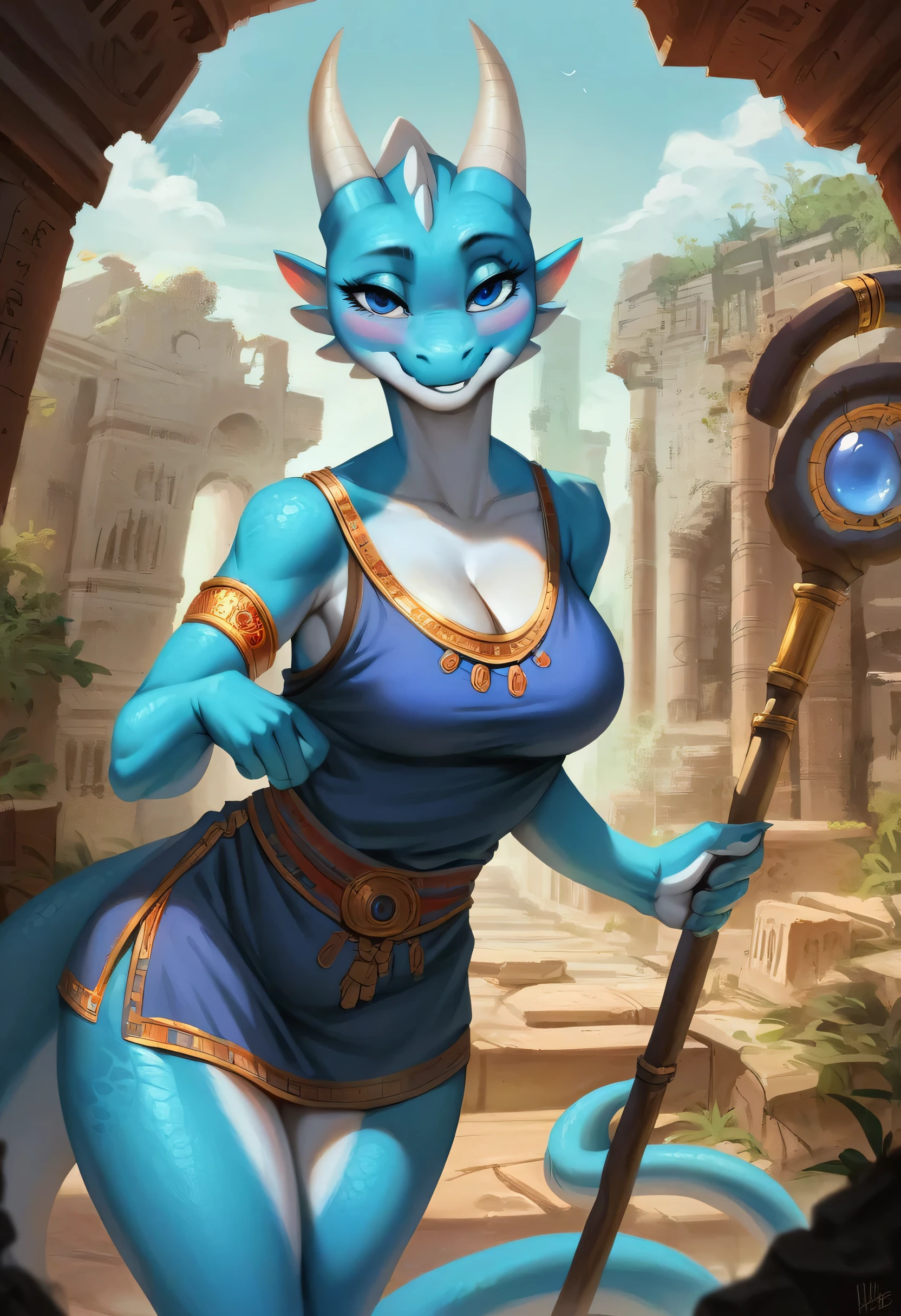 score_9, score_8_up, score_7_up, score_6_up, score_5_up, score_4_up, BREAK rating_questionable, source_furry,solo female, dragon sisu rald,posing sexy, furry, 1girl,anthro, detailed face, standing, (blue tunic, magic staff),(detailed blue eyes), female focus, solo, blush,smile, seductive, smile, medium breasts, eyelashes, eyelids, blue scales,blue fur, light beige fur, scale tail, two-tone body, two-tone scales,((ancient ruins, vegetation)), sexy dress, big breasts, busty, cleavage, thigh, short skirt, sexy