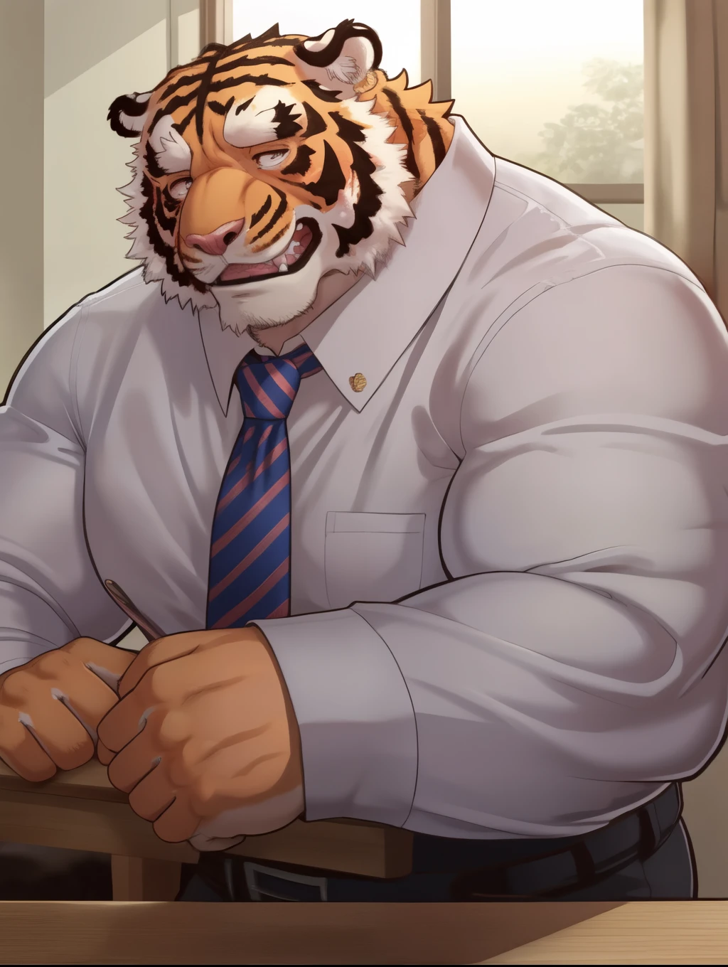 <lora:OscarFRockWebRockE12-16:1>, oscar, tiger, slightly chubby, muscular male, jacket, formal wear, fixing his tie, evil grin, locker room, sitting, full-length portrait, detailed background,