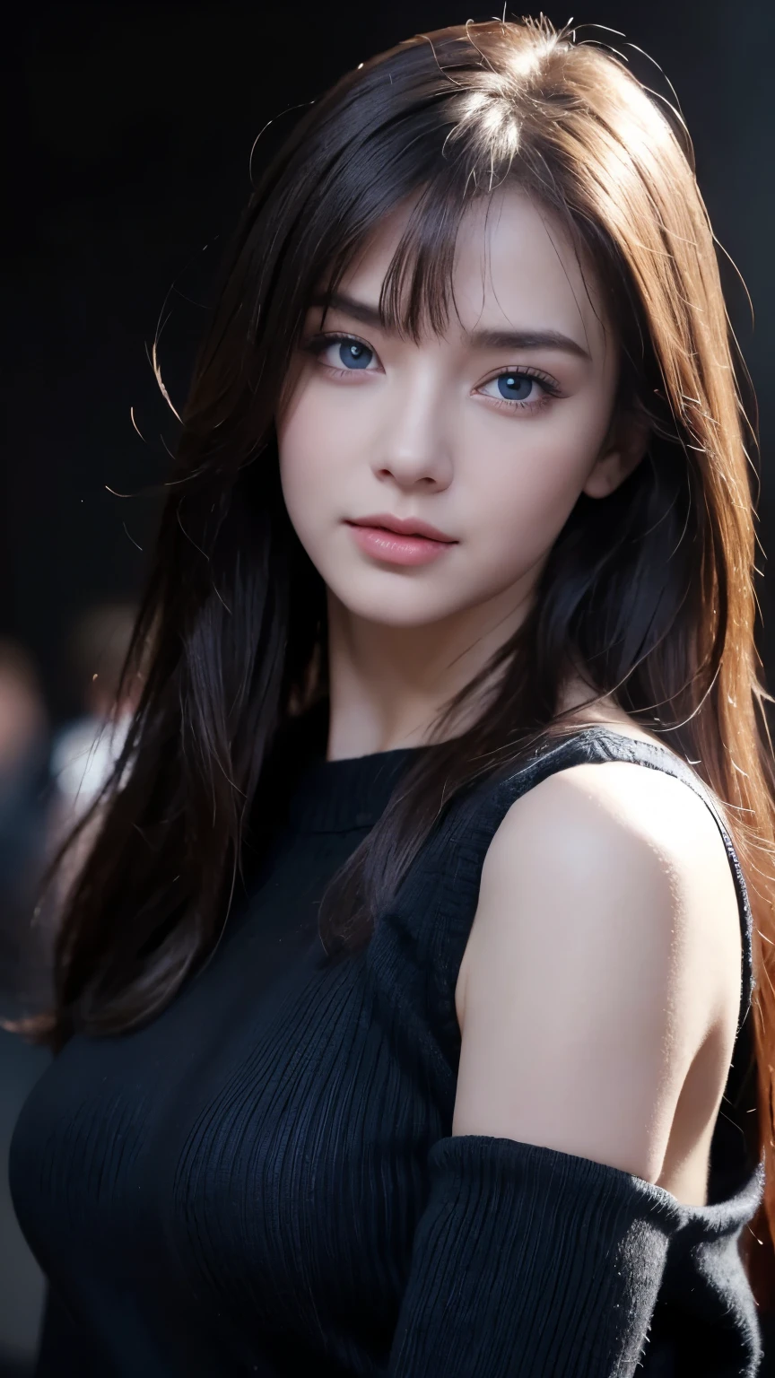 Masterpiece, best quality, very detailed, Facing the camera, Very detailed, very detailed, realistic, Sharp features, Highly detailed, Sharp focus, perfect face, perfect face, Perfect eyes, perfect symmetry., Perfect, plump lips, Flexible female figure, cinema, film light, very detailedเกินไป, hyper realistic, Masterpiece, atmosphere, high resolution, Lively, dynamic studio lighting, ((dark background)), Facial expressions when receiving happiness, smooth and straight, blue eyes,black sweater, Cowboy Shot, big breasts,