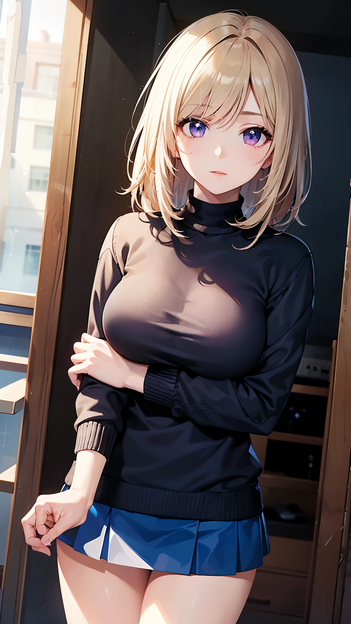 8k high resolution (Super detailed), masterpiece, (Best Quality)　 Anime Illustration 　 detailed eyes on board,  detailed face　 detailed hands　Fine hair　 very elaborate body、 fine skin 　 1 girl　Horse Girl_Karen Chan　(curren chan)　(everyday wear, sweater, skirt)　Horse&#39;s ears　 Ano Jirio　 look here 　 attractive figure 　indoor　 full body view