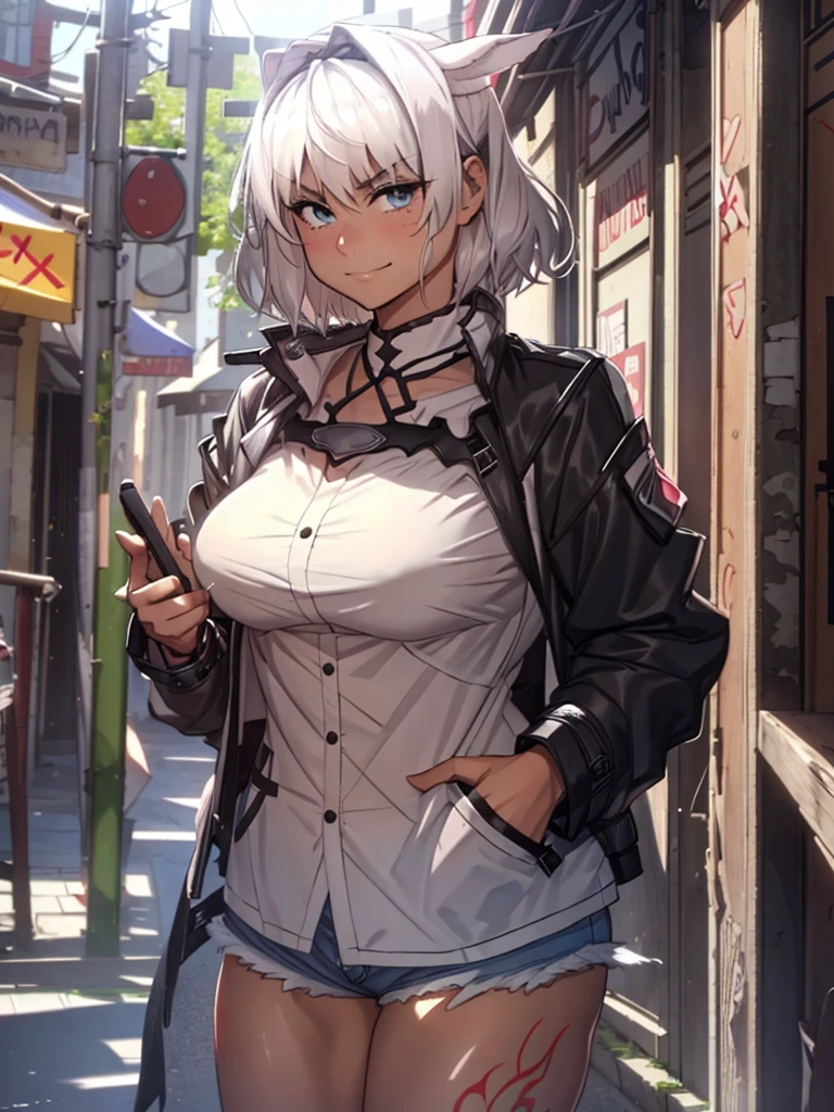 (​masterpiece, top-quality, hight resolution, Unity 8k, extremely details CG:1, Best Picture), (upper body, blush, light smile), blouse, shorts, jacket, korotsuke style, A prostitute invites a woman to walk through a gay brothel. 'Hey, hey sister. I'm easy to fuck, even if it's your first time. I want you to fuck me, sis.’