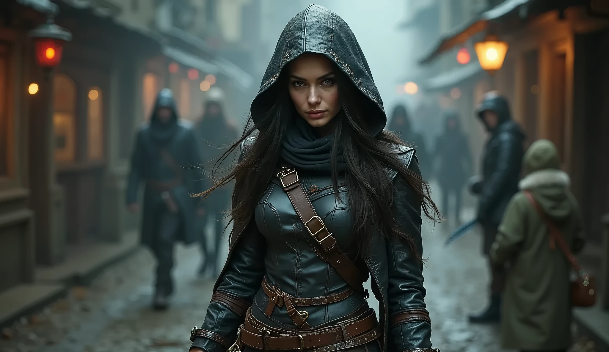 realisitc very beautiful Face of angelina jolie realistic very beautiful in dark blue assassin ninja clothes  in a rainy medieval street dramatic lighting