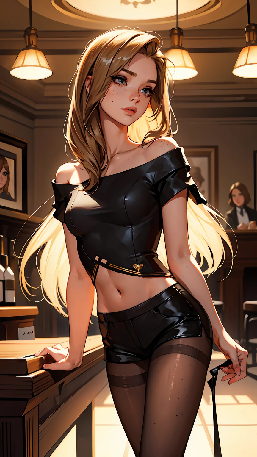 （lifelike， high - resolution：1.3）， 1 girl with a perfect body，slender body, Suprenme face and eyes， blaire ivory, lena anderson, (dark eyelashes, eyeliner), shoulder length  hair, freckles, golden brown  hair with dark roots, shoulder length hair, skinny, petite, saloon girl, saloon bartender, long torso, abdomen,torn pantyhose under short shorts