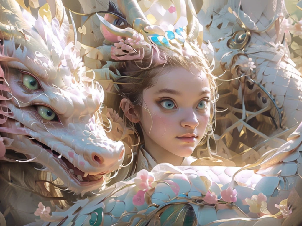 A woman with long pink hair and bright green eyes surrounded by cherry blossom trees, in front of a white dragon, green eyes, and large white wings, the dragon has a pearlescent glow, (best quality,4k,8k,highres,masterpiece:1.2),ultra-detailed,(realistic,photorealistic,photo-realistic:1.37),extremely detailed eyes and face,longeyelashes,beautiful detailed eyes,beautiful detailed lips,1girl,fantasy,cherry blossom trees,white dragon,green eyes,pearlescent,detailed landscape,vivid colors,dramatic lighting